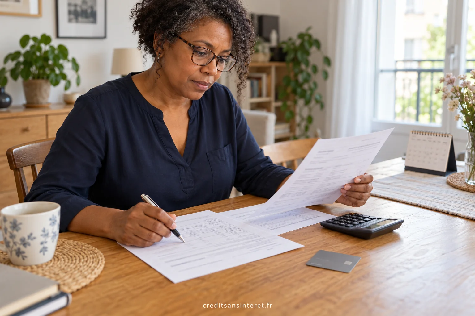Une femme examine un relevé, un calendrier et une calculatrice à sa table.