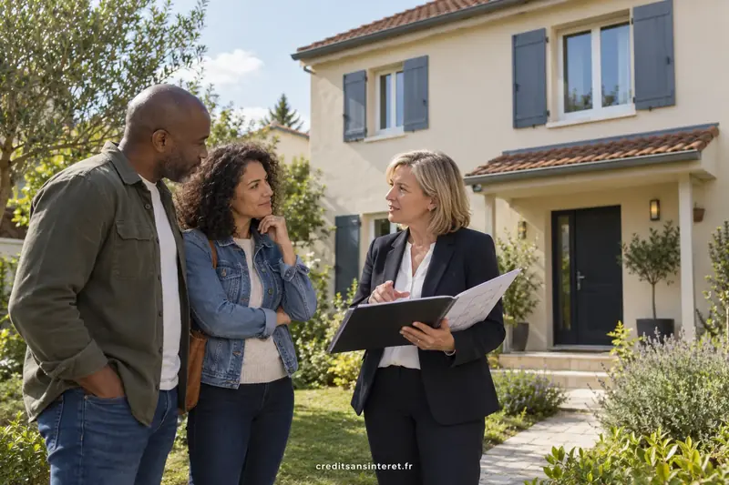 Un couple et une conseillère discutent devant une maison, dossier de financement en main.