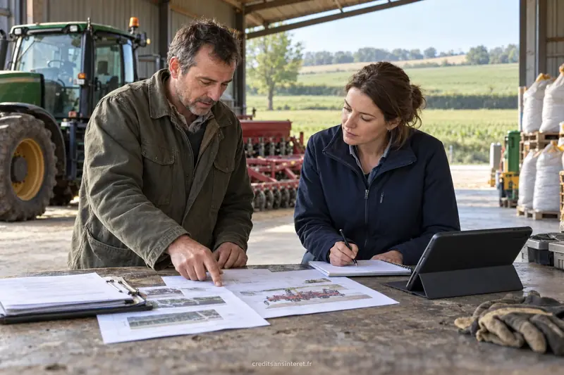 Un agriculteur et une conseillère étudient des documents devant un tracteur.