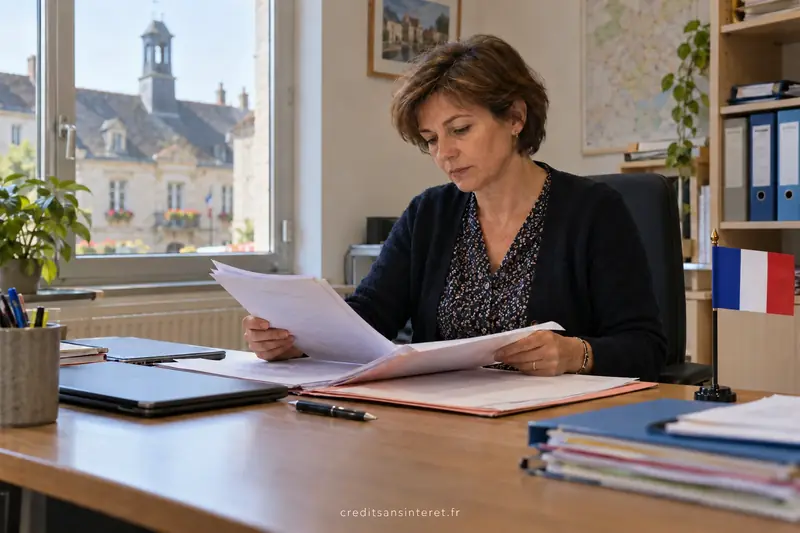Une agente examine un dossier à son bureau dans une mairie.