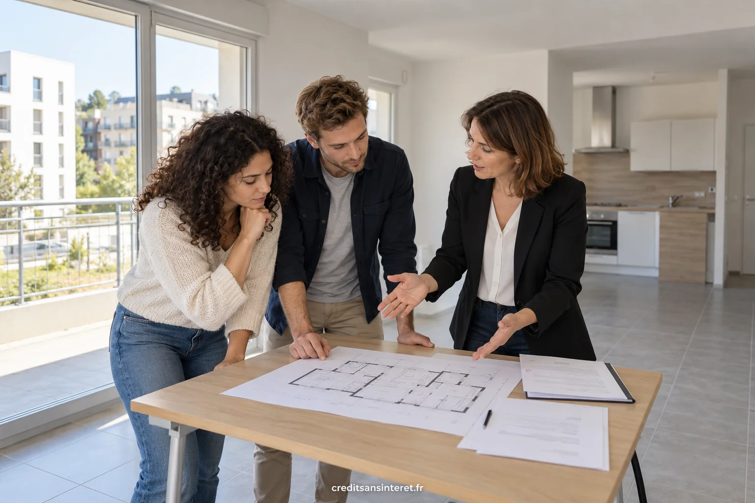 Un jeune couple et une conseillère étudient le plan d’un appartement encore vide.